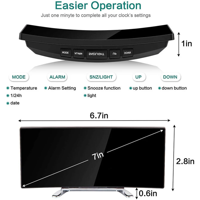 Despertador digital de 7 polegadas, curvo, regulável, LED